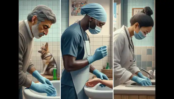 Individuals cleaning a bathroom, a healthcare worker, and a chef in Kirkby using rubber gloves for protection and hygiene.