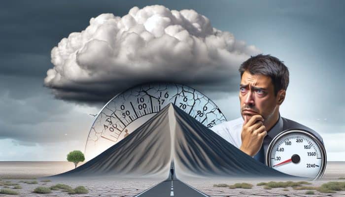 A worried cosigner with debt papers, storm cloud, and cracked credit score gauge.