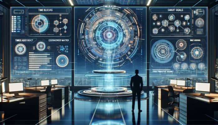 A futuristic office with holographic time management tools and a person reflecting on productivity.