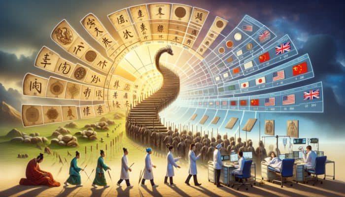 Historical tapestry illustrating acupuncture's evolution in the UK, from Roman times to contemporary healthcare.