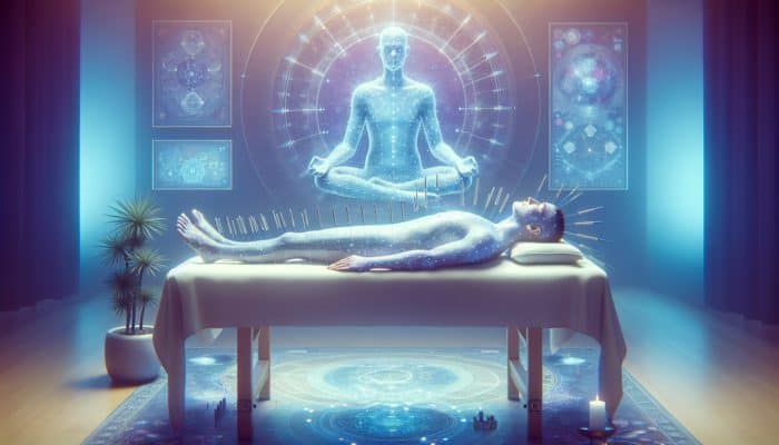 A serene acupuncture session with a patient comfortably lying, needles inserted into specific points, in a calm, holistic room with soft lighting.