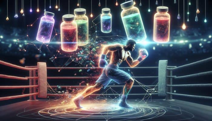 Boxer training intensely in ring, surrounded by supplement bottles and expert holograms on endurance.