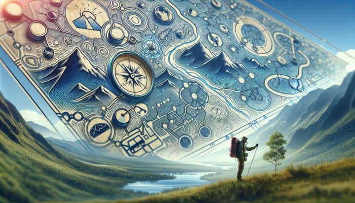 A hiker decoding map symbols amidst a scenic landscape for enhanced navigation and geography appreciation.