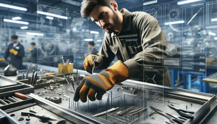 A worker in Ilkeston wearing kevlar and steel mesh gloves, handling sharp metal and glass safely.