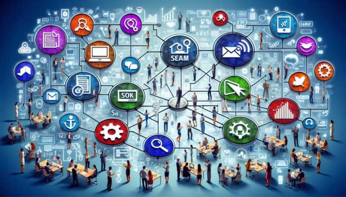 Digital Marketing in Budleigh Salterton for Small Business: A colorful digital landscape showcasing various marketing strategies engaging audiences on different devices.