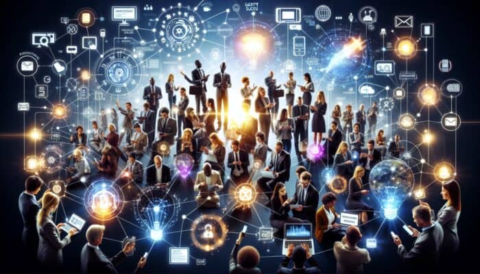 A vibrant network of people sharing product recommendations digitally, with glowing incentives symbolizing trust and market expansion.