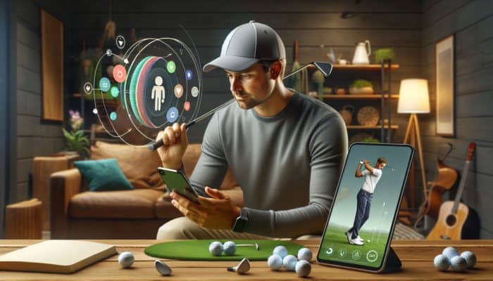 South African golfer using smartphone app and tablet for swing analysis and virtual coaching at home.