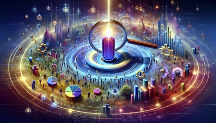 SEO in Bath for Small Business: A magnifying glass highlighting an 'SEO' button with growth graphs and Bath landmarks, symbolizing increased online visibility.