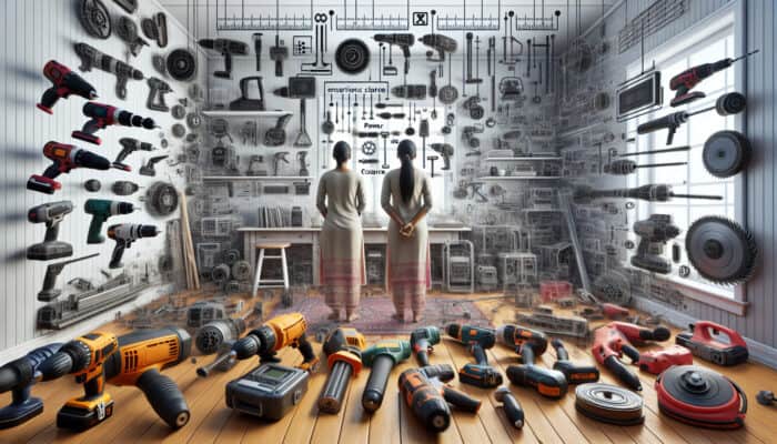 A person choosing electric tools like drills and saws in a cluttered room for house clearance.