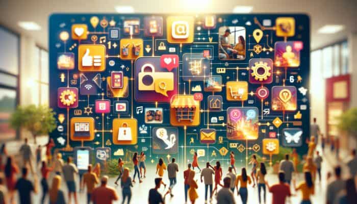 Creating Content for Social Commerce: A vibrant social media interface showcasing seamless product purchases, influencer promotions, and live selling events.