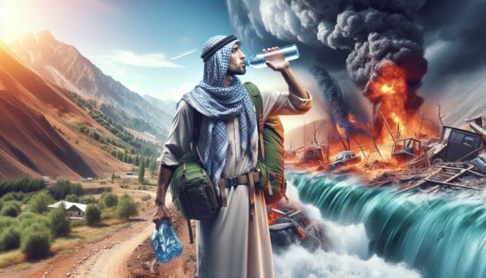 Survival Water Bottles: Person in crisis drinking purified water, highlighting hydration's role in health and cognition.