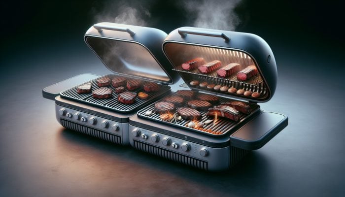 A modular grill system in use, searing steaks and smoking ribs, enhancing flavor diversity.