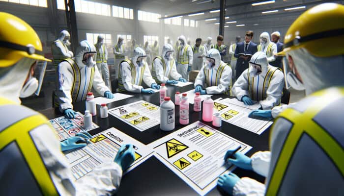 Workers in PPE conducting safety assessment with secured hazardous materials, following COSHH regulations, safety posters visible.