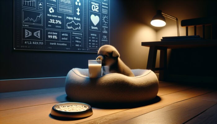 A tiny puppy drinking milk replacer from a small bowl on its first night home.