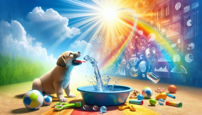 A joyful puppy drinking from a clean water bowl, surrounded by toys in a sunny environment.