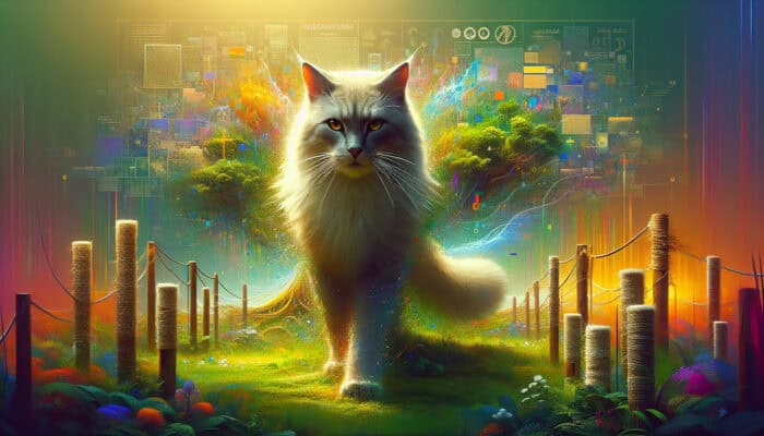 A majestic cat confidently standing in its lush, well-defined territory, surrounded by scent markings and scratch posts.