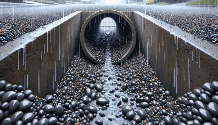 A well-maintained French drain system in South Vancouver featuring clear pipes, neatly arranged gravel, and an unobstructed outlet on a rainy day.