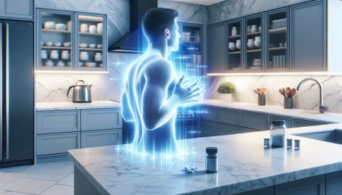 A person with a subtle blue glow on their skin in a modern kitchen, feeling tingling from beta-alanine.