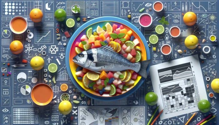 A vibrant ceviche dish with sea bass and tilapia, marinated to a delicate yet firm texture, on a colorful plate with citrus and herbs.