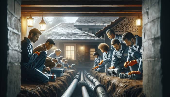 Expert Team Evaluating a Damp Crawl Space in Mission to Enhance Drainage Efficiency.