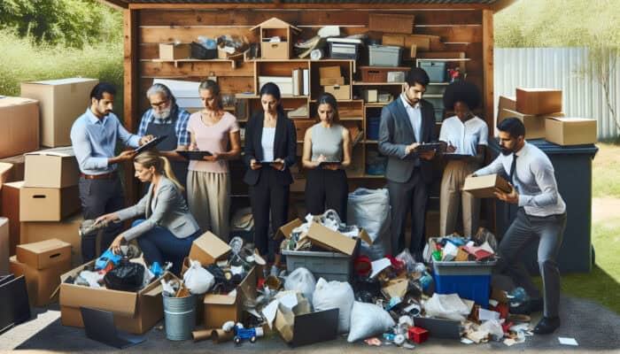 A professional team efficiently clearing a shed, sorting items for recycling, ensuring compliance, and advising homeowners.