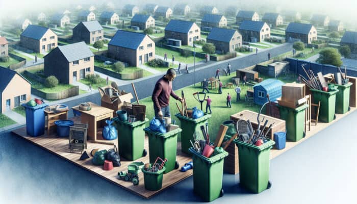 A homeowner in Edinburgh diligently sorts shed items for recycling and donation, promoting sustainable clearance in a green community.