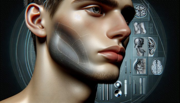 Portrait of a person with a defined jawline showing swelling and discoloration post contouring, clinical setting with medical tools.