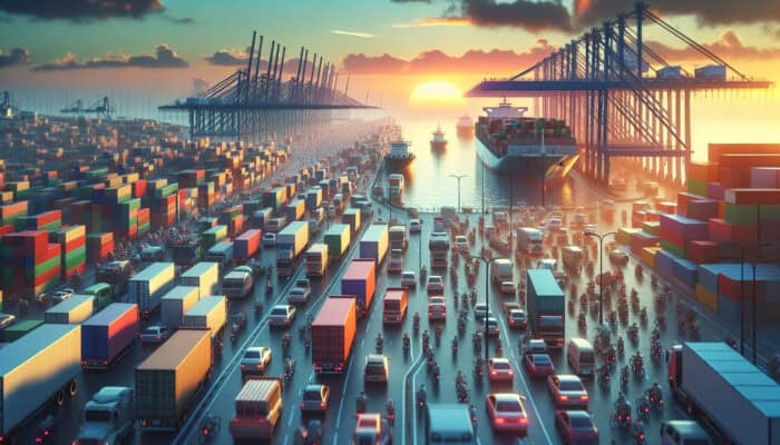 Affordable Transport for Clearance Items: A bustling port at sunset with trucks, trains, ships, and bicycles transporting clearance items efficiently.