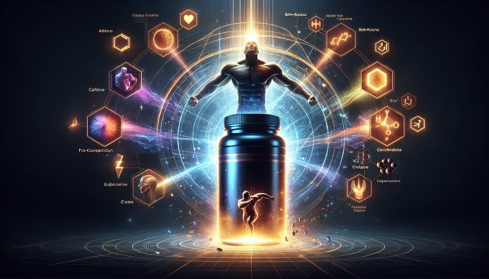 A pre-workout supplement bottle with energy bursts, symbols of caffeine, beta-alanine, and creatine, enhancing an athlete's workout.