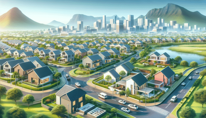 A vibrant Phalaborwa townscape with modern homes and lush greenery, near Kruger National Park.