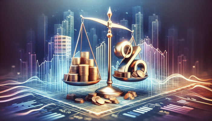 A scale with percentage symbol and coins, South African Reserve Bank and financial graphs in background, affecting Standerton buyers.