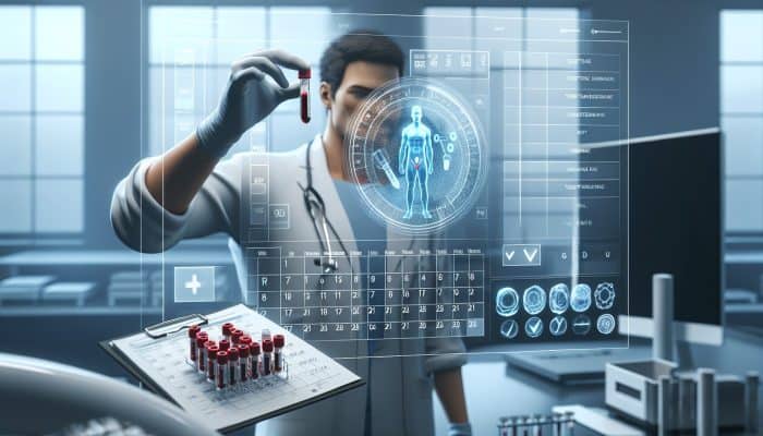 Individual in lab with testosterone vial, checklist, and calendar, getting ready for blood test.