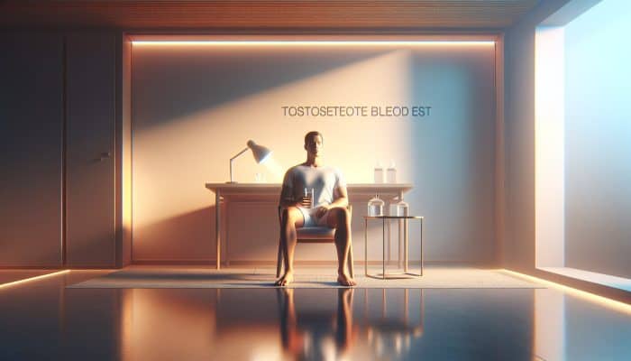 Individual fasting for testosterone test, calmly sipping water in a tranquil, minimalist room.