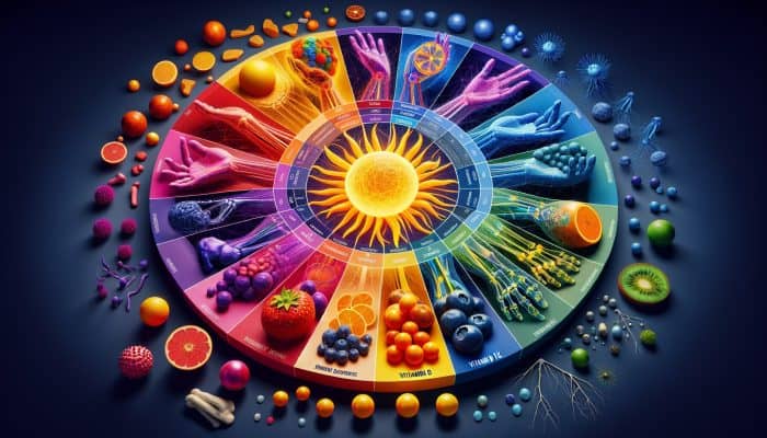 Vitamin Blood Test in Bellshill: A colorful health chart showing vitamin deficiency levels, with bones, immune cells, and neural pathways.