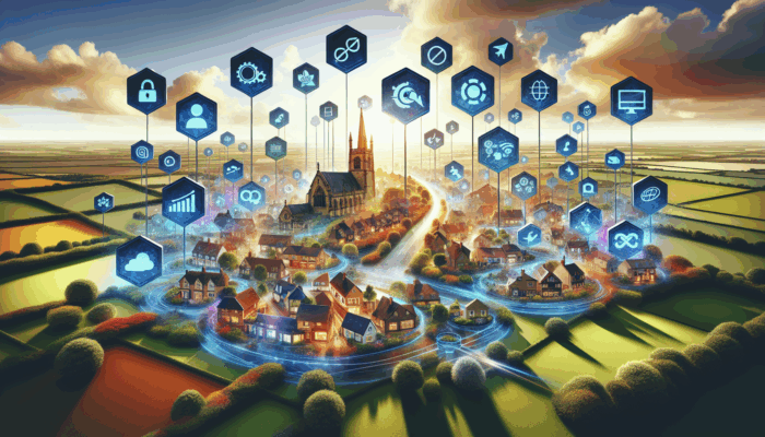 Internet Marketing in Chipping Campden Gloucestershire for Small Business: A vibrant digital landscape with icons representing SEO, PPC, content marketing, and social media connecting local businesses globally.