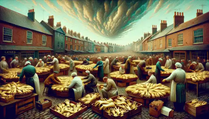 Portsmouth marketplace with vendors selling latex gloves, experts discussing, buyers examining under cloudy sky.