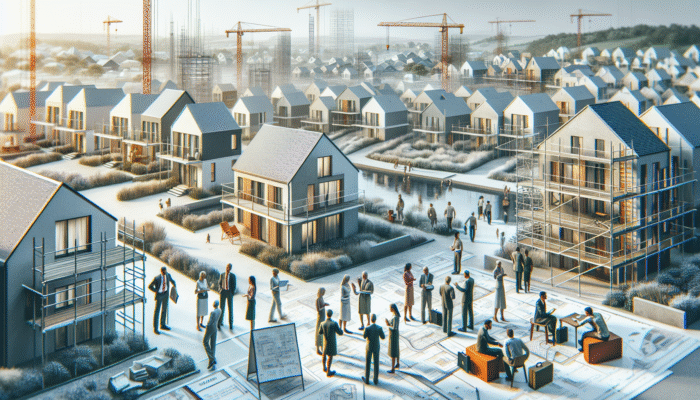 Modern entry-level homes under construction in Vryheid, with signs of infrastructure development and people discussing market trends.