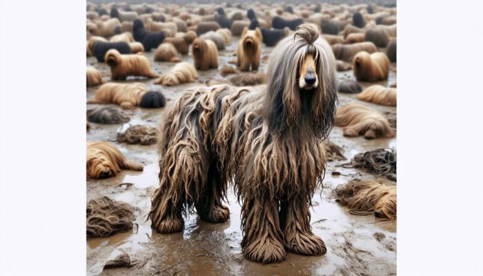 Effective Techniques for Removing Mats from Dogs: Afghan Hound displaying matted fur in humid, muddy conditions, highlighting grooming neglect.