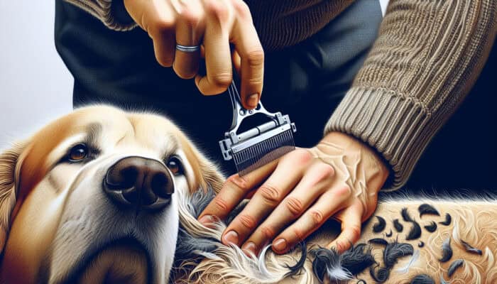 A hand employing a dematting tool to gently separate matted dog fur, ensuring the dog's comfort.