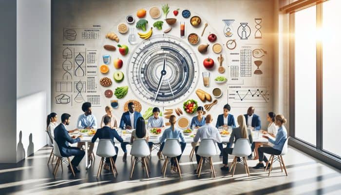 A diverse group of nutrition experts discussing meal timing at a modern conference table with charts and food models.