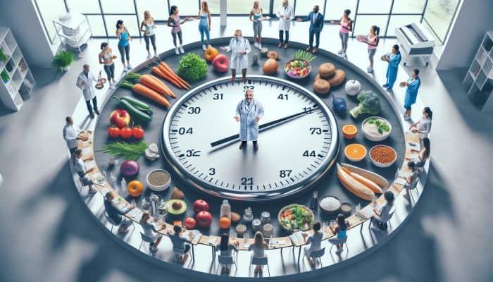 Diverse dietitians and health coaches guiding clients with personalized meal timing plans in a modern UK health center.